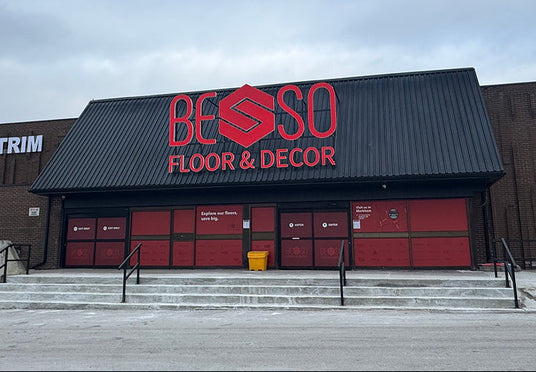 Besso Etobicoke showroom shot from the parking lot in the winter.