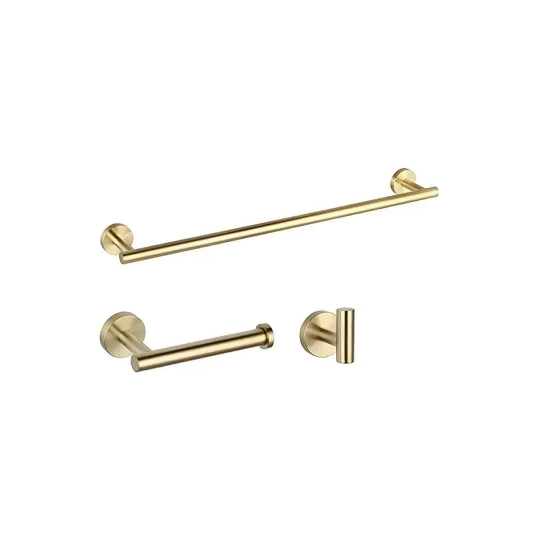 Bathroom Hardware Set - BA01 in gold finish including towel bar, paper holder, and robe hook by Besso Floor & Decor.