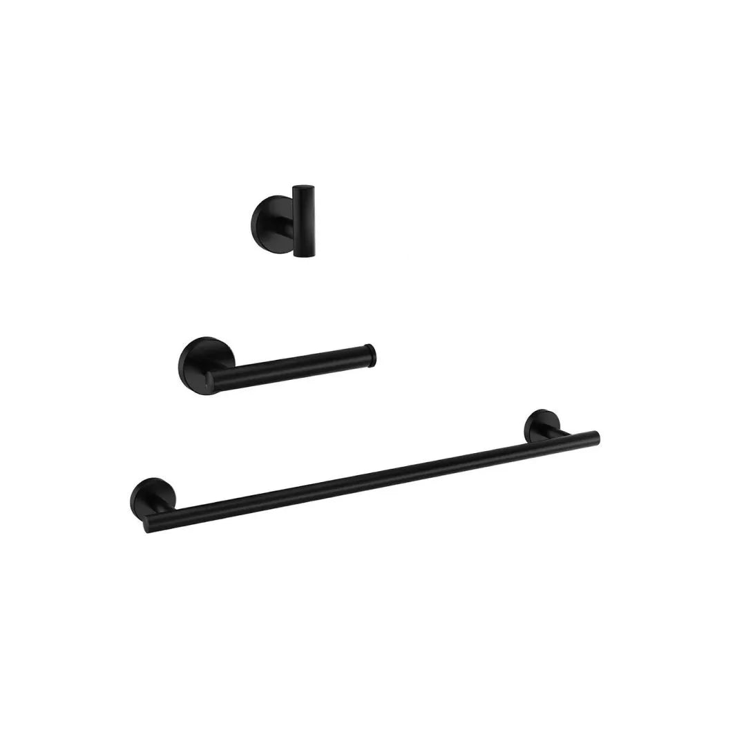 Bathroom Hardware Set - BA01 in matte black with hook, toilet paper holder, and towel bar by Besso Floor & Decor.