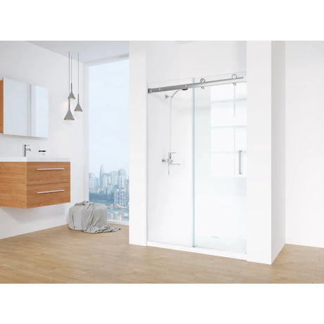 Modern bathroom featuring Stainless Steel Glass Sliding Shower Door - C with clear tempered glass by Besso Floor & Decor.
