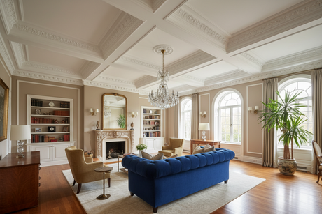 Crown moulding in a nice home with a blue couch in the centre of the room.
