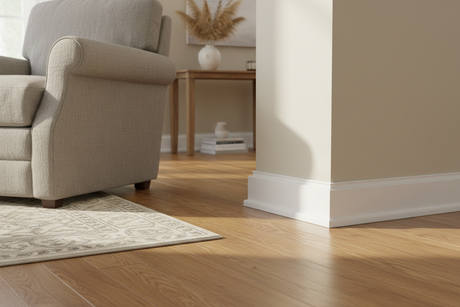 Some doorstop trim on a wall in a nice home with light coloured hardwood flooring.