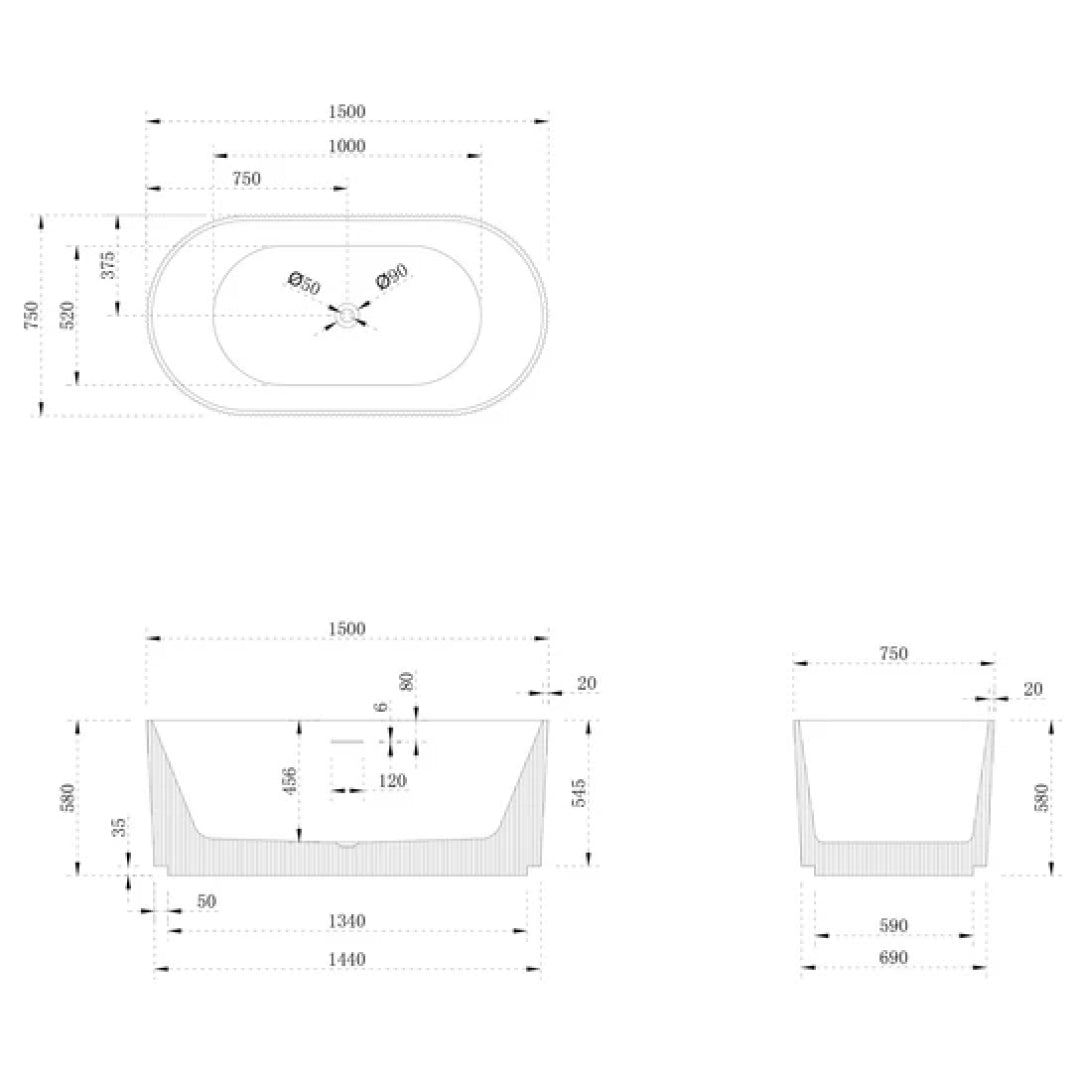 Free Standing Bathtub - ROMAN7681-1500MW