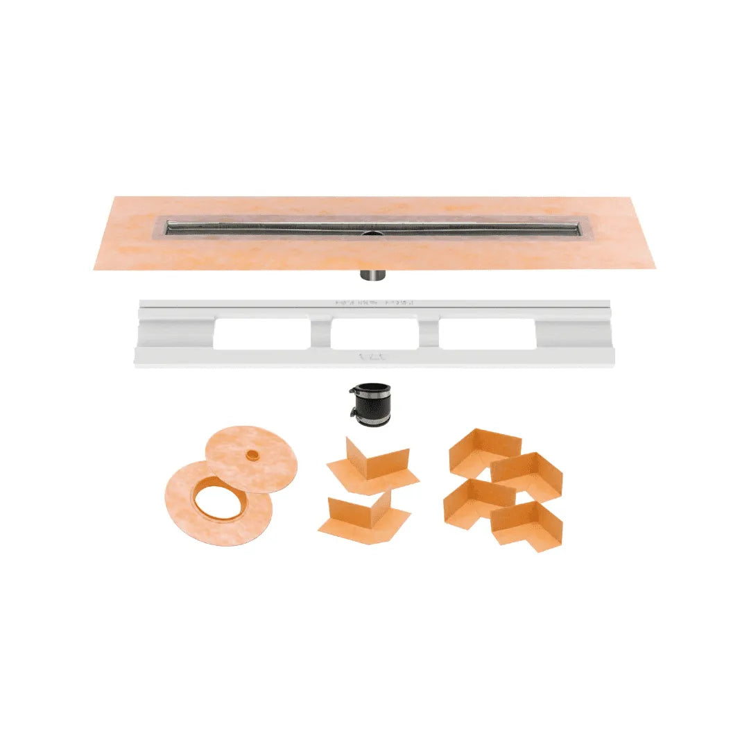 Schluter Kerdi Line Shower Drain with 48 Stainless Steel Channel Body Offset and Waterproof Kerdi Collar - for Showers & Wet Rooms - Off-Set and Center Outlets - KL1VO60E120 Schluter Kerdi Line Shower Drain with 48 Stainless Steel Channel Body Offset and Waterproof Kerdi Collar - for Showers & Wet Rooms - Off-Set and Center Outlets - KL1VO60E120