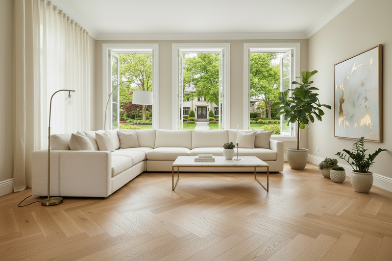 Bright, elegant living room with natural oak herringbone flooring, a cream sectional sofa, marble coffee table, brass floor lamp, and large windows overlooking a lush garden.