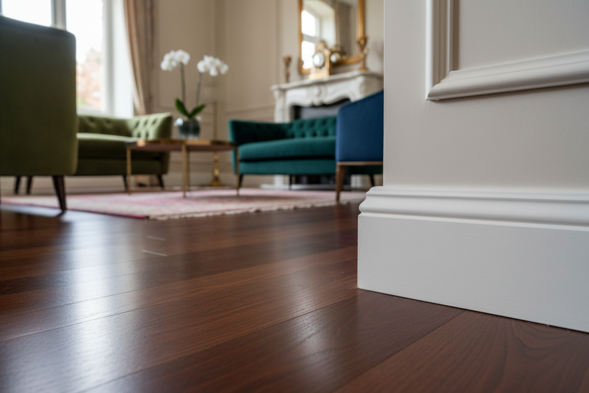 Close-up of crisp white baseboards and trim along wide-plank dark hardwood flooring, with a bright living room featuring velvet sofas and a marble fireplace blurred in the background.