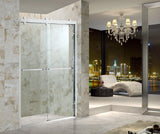 Stainless Steel Sliding Glass Shower Door - A with sleek clear glass and stainless steel frame in modern bathroom by Besso Floor & Decor.