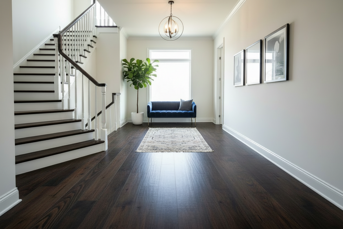 Bright entryway with dark hardwood flooring, staircase, and blue velvet bench