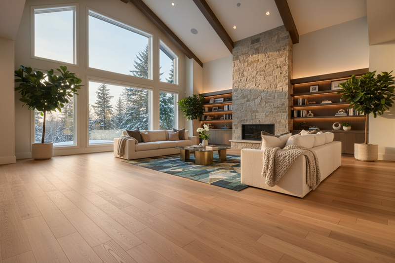 Modern living room with warm-toned laminate flooring, stone fireplace, and large windows