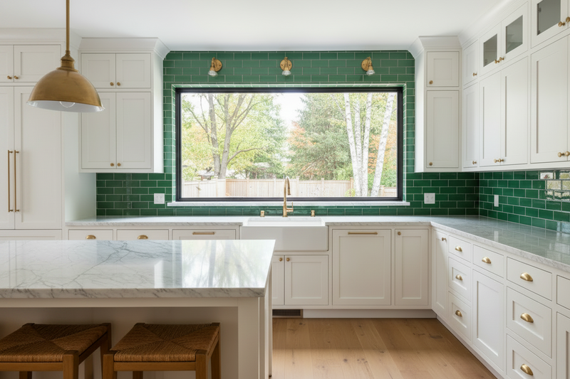 Bright modern kitchen with a glossy emerald green subway tile backsplash, white shaker cabinets, brass hardware, marble countertops, and a large window overlooking trees.
