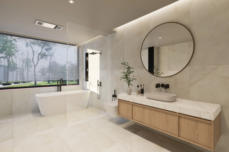Modern bathroom with freestanding tub, walk-in shower and wood vanity