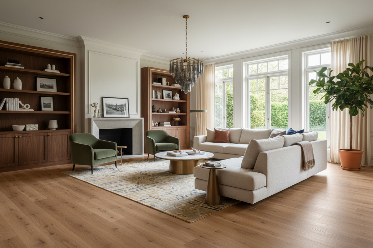 Modern living room with light wood vinyl plank flooring, white sectional sofa, and built-in shelving