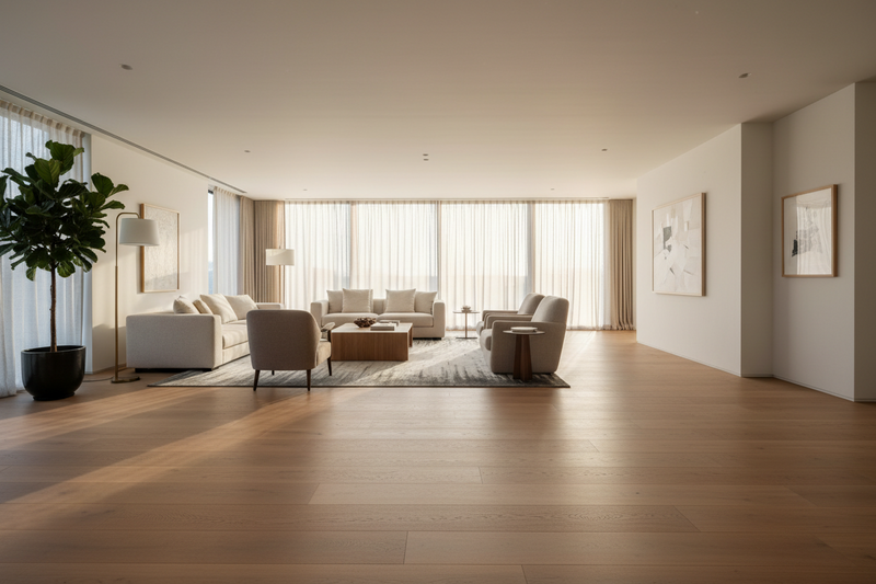 Spacious living room with wide-plank light oak hardwood flooring and minimalist decor
