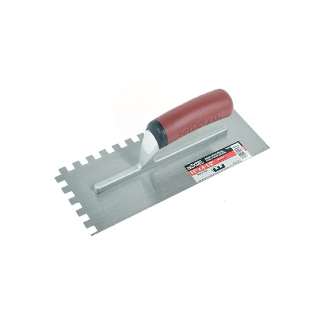 Trowel Notched 11in x 4½in (3/8in x 3/8in SQ Notch) Red Handle - Besso Floor & Decor